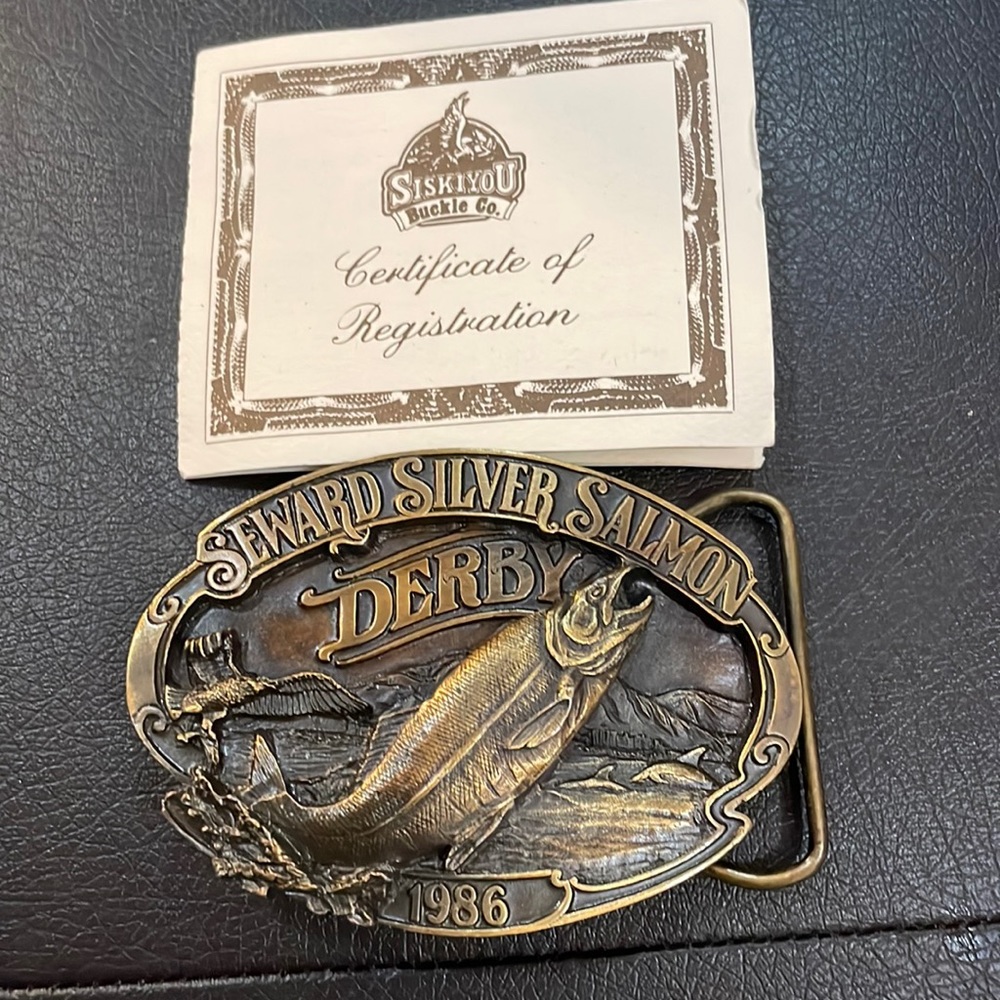 Brass belt buckle Alaska themed